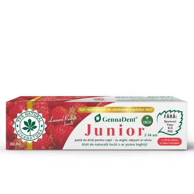 GennaDent Junior Capsuni- pasta de dinti naturala pentru copii cu argila si capsuni, fara fluor, 80 ml - Leonard Radutz formula - VivaNatura
